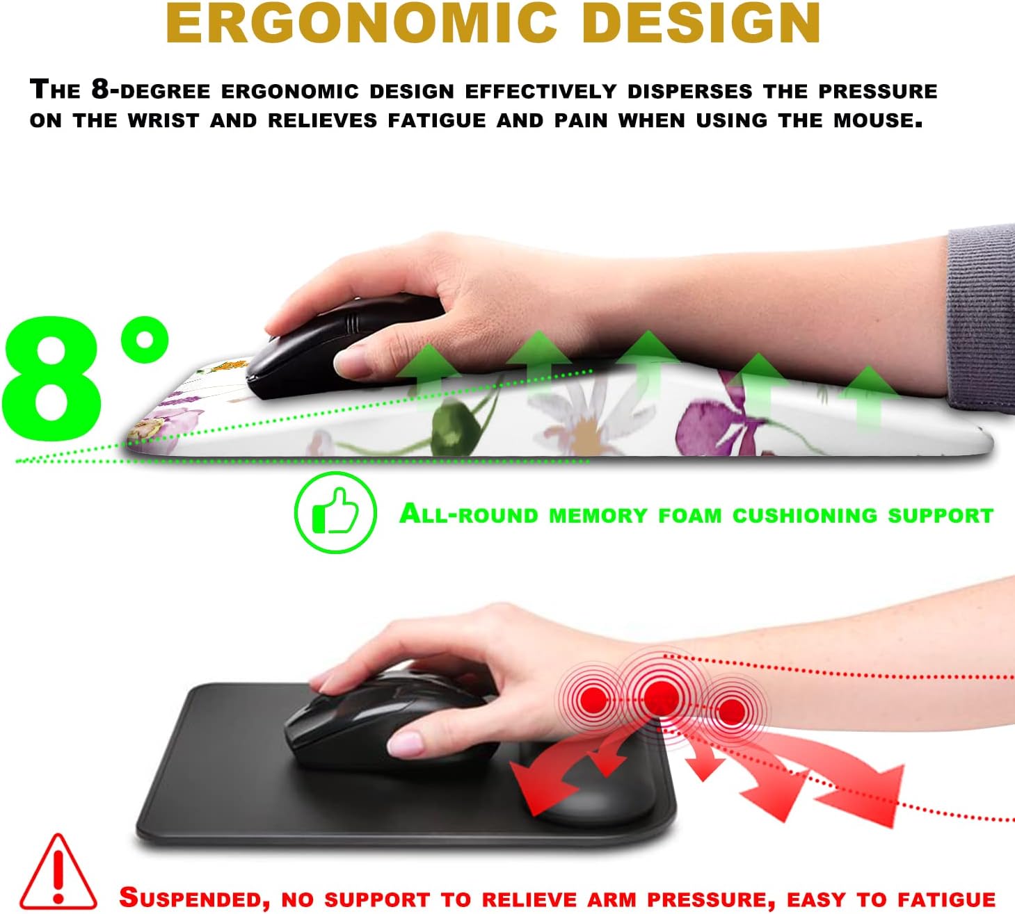 KUOSGM Ergonomic Mouse Pad Wrist Support 13 x 8 Inch,Black Design Memory Foam Mousepad with Wrist Rest Pain Relief & Non-Slip PU Base,Office PC Computer Mouse Pads for Wireless Mouse & Desk - Image 3